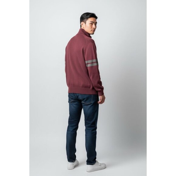 Gap Mens Full-Zip Burgundy Sweater With Gray Stripes On Sleeves - Picture 4 of 12